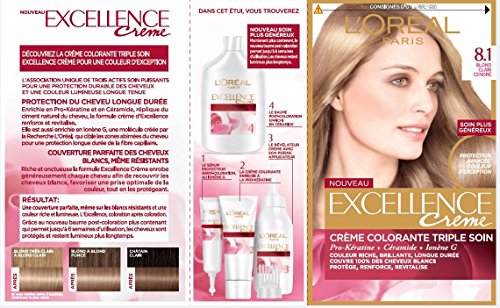 L’ORÉAL PARIS - Coloration Cheveux Permanente Triple Soin - Couvre 100% des Cheveux Blancs - Excellence Crème - Nuance : Blond Clair Cendré (8.10) (Lot de 2)