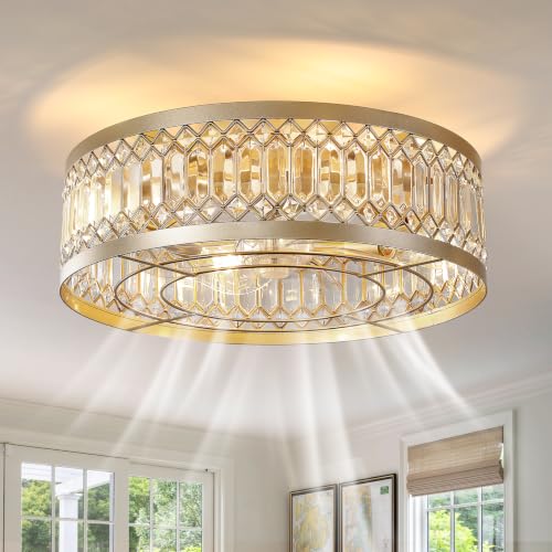 Image of Gold Crystal Fandelier Ceiling Fans with Lights, 20 inch Gold Flush Mount Ceiling Fan with Light Remote Control, Caged Mid-Century with 6 Speeds for Living Room Bedroom Nursery