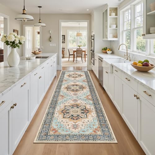 Madane Runner Rug 2x8, Washable Hallway Runner Rugs, Non-Slip Low-Pile Soft Kitchen Rug Runner Laundry Room Rug, Vintage Throw Entry Foyer Mat for Entrance Living Room (Orange/Blue, 2 x 8)
