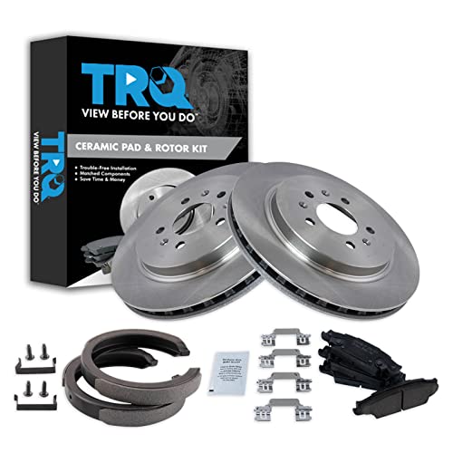 Image of TRQ Rear Brake Pad and Rotor Set Ceramic Parking Brake Shoes Code JE5 JL9 Compatible with 2005-2008 Cadillac STS