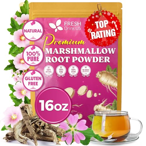 Image of FreshDrinkUS, Premium 16oz Marshmallow Root Powder (Althaea officinalis). Finely Ground - Premium Herbal Tea Ingredient - Smooth & Mild Botanical Powder. Caffeine Free. Sugar Free. Vegan