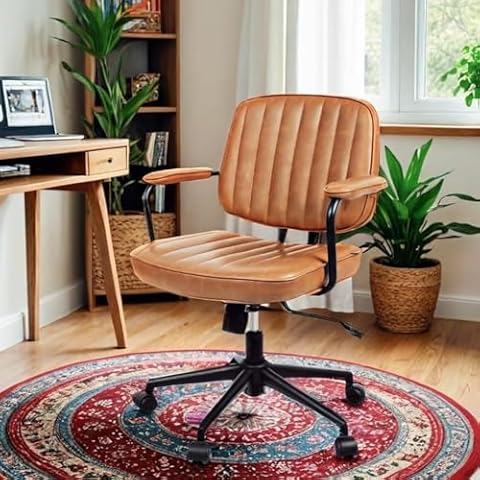Artswish Brown Leather Desk Chair, Mid Century Office Desk Chair, Ergonomic Office Chair with Arms and Wheels, Swivel Desk Chair with Adjustable Height and Backrest, Rolling Chair for Bedroom Office Cover
