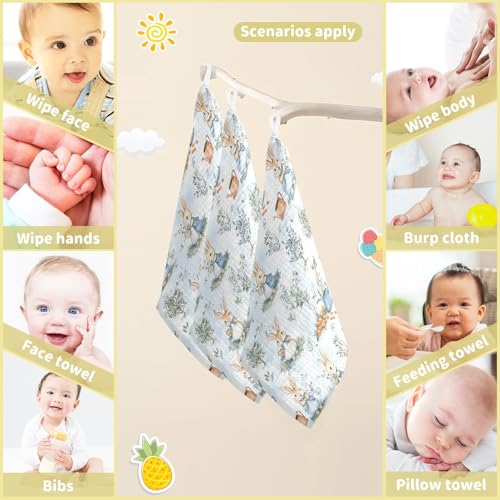 Image of vvfelixl Peter Bunny Friend Baby Burp Cloths Baby Muslin Washcloths for Boys Girls Cotton Babys Face Towel for Newborn Soft 11.8 X 11.8 in, 5 Pack