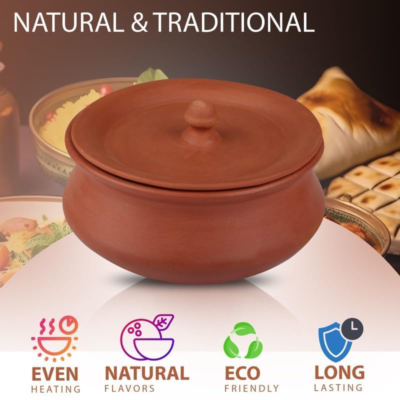 Image of Bhanvi 1000ml Earthen Cooking Clay Curd Pot Making Curd Chach Lassi Dahi Kadai Handi Mitti Ke Bartan Curd Bowl with Lid with Unglazed Clay Pot Serving Use in Oven