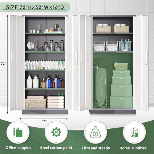 Image of Greenvelly Metal Garage Storage Cabinet, Tall Locking Storage Cabinet with 2 Doors and 4 Adjustable Shelves, Steel Tool Cabinet, Lockable Filling Cabinet for Home, Office, Garage, School (Gray White)