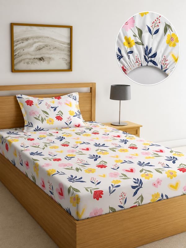 Image of la' amour 240 TC Cotton Fitted Single Bedsheet with 1 Pillow Cover | Elastic Bed Sheet | Soft Breathable Skin-Friendly Fabric | All Season Comfort | 36 x 72 + 6 Inches Spring Garden