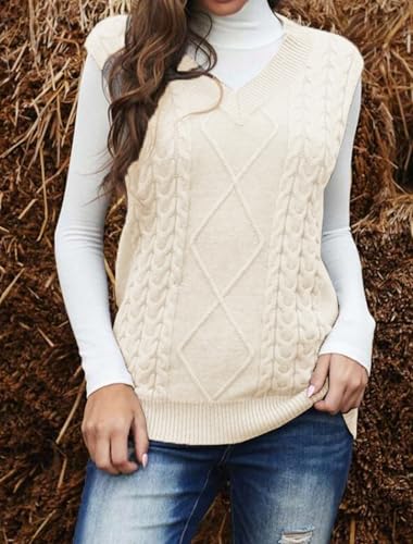 Image of Women's Sweater Vest,Long Cable Loose Knitted Sleeveless V Neck Casual Sweaters Tank Top S~XL