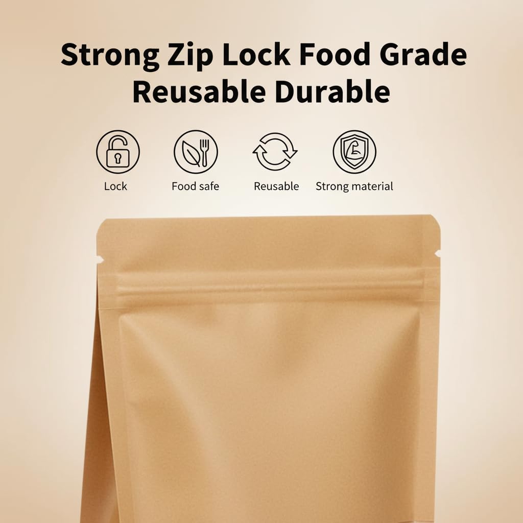 Khaana Packaging Brown Kraft Paper Zip Lock Stand Up Pouches 500 g (9X6") | Pack of 100 | Transparent Rectangle Window | Air Tight Self Sealing | Water Proof & Oil Proof | Reusable Food Storage Bags 1