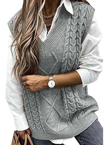 Pullunder Damen Ärmellos Pullover Vest Vintage Casual Strickweste V-Ausschnitt Weste Pullunder Winter Herbst Sweater Strickpullover,Grau XL