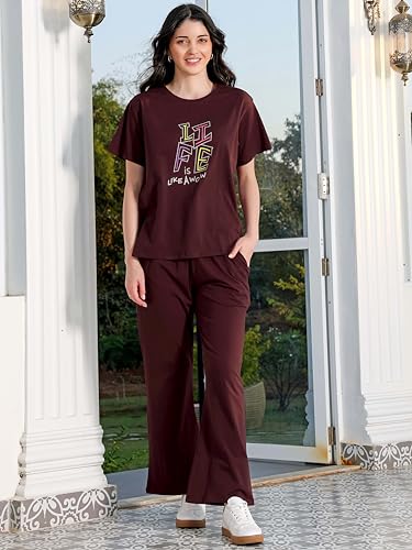 Image of ZEYO Night Suit for Womens Typography Printed Cotton Night Dress of Top and Wide Bottom Pyjama