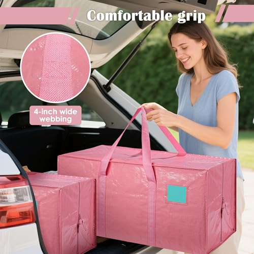 Image of 6 Pack Moving Bags with Full-Open Side Zipper, Extra Large 93L Heavy Duty Waterproof Foldable Storage Totes for College Dorm, Moving & Home Organization Pink