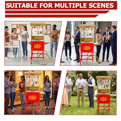 Image of Commercial Popcorn Machine with Cart -16OZ Kettle Popcorn Makers with Heating, 1000W 3-Switch Control & Tempered Glass Doors for Office, Restaurant, Carnival, Schools, Church, Christmas, Red