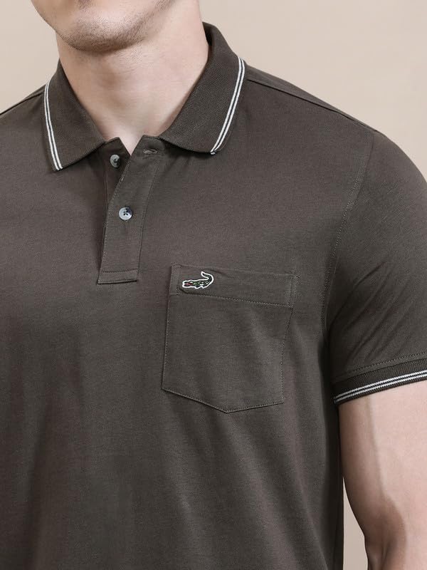 Image of CROCODILE Men Solid Slim Fit Polo T-Shirt | Regular Length | Short Sleeve | Button Placket | Casual Knitted Topwear