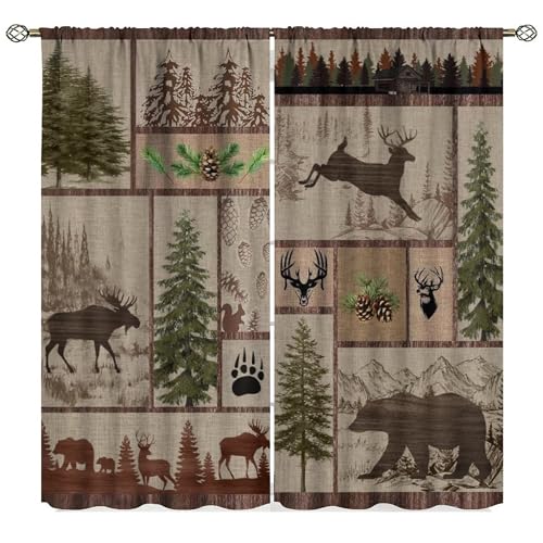 SXXLDNG Rustic Cabin Curtain Vintage Cottages Animal Deer Moose Bear Country Blackout Curtain for Bedroom Living Room Decor Window Drapes, 2 Panels,84x84in Decor