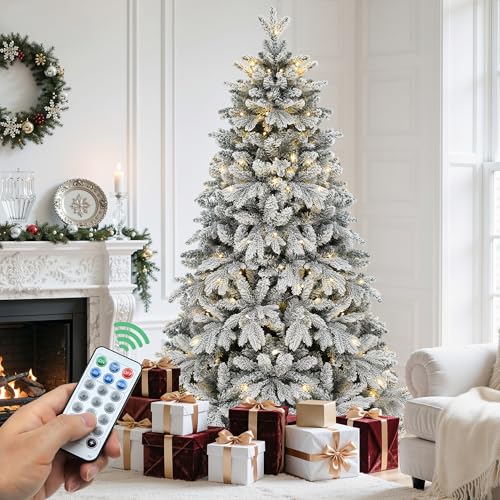 YITAHOME 6 FT Pre-Lit Flocked Christmas Tree with 1225 PE & PVC Mixed Branch Tips, Remote Controlled Artificial Hinged Canaan Fir Christmas Tree w/ 260 Lights for Home Office Holiday Decor W