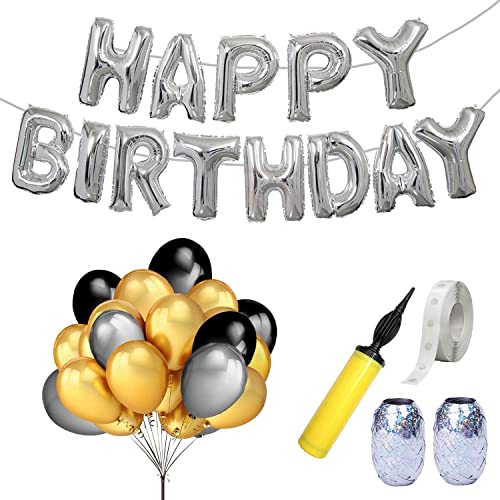 Party Propz 55 Pcs Combo for birthday decoration (Pack of 1 Silver Happy Birthday Foil Balloon + 50 pcs black silver and golden balloon + 1 balloon pump + 2 silver balloon curling ribbon)