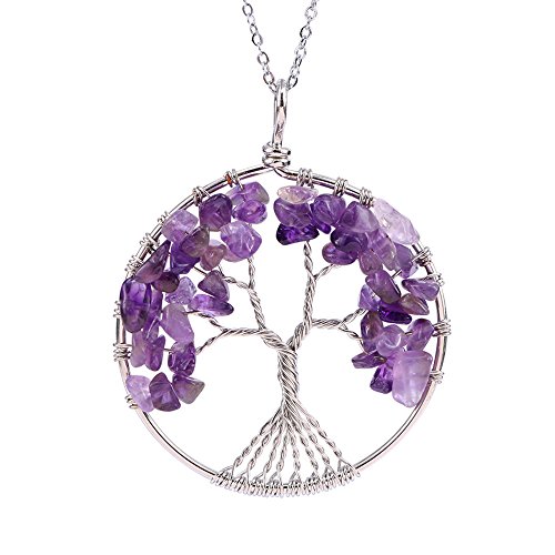 EnjoIt Tree of Life 7 Chakras Necklace Handmade Gemstone Amethyst Crystal Pendant Jewelry Gifts