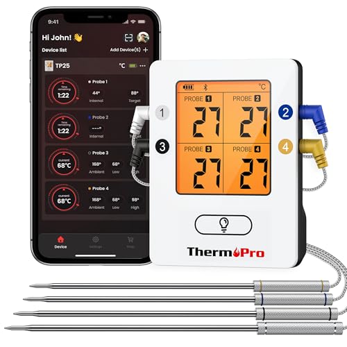 ThermoPro Bluetooth 5.0 Digital Bratenthermometer Grillthermometer Funk Fleischthermometer mit 4 Sonde für BBQ, Garraum, Smoker, Steak, Unterstützt IOS, Android, Reichweite bis zu 150m