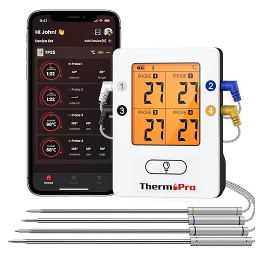 ThermoPro Bluetooth 5.0 Digital Bratenthermometer Grillthermometer Funk Fleischthermometer mit 4 Sonde für BBQ, Garraum, Smoker, Steak, Unterstützt IOS, Android, Reichweite bis zu 150m