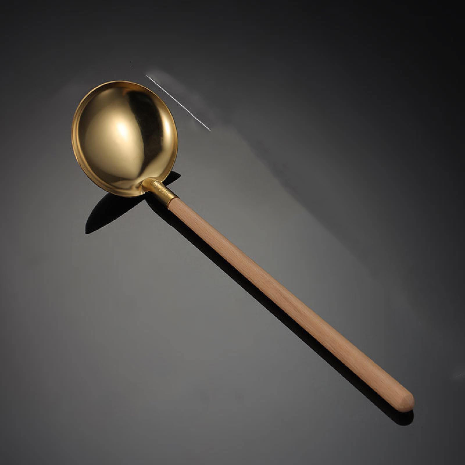 Stainless Steel Cutlery Wooden Handle Soup Shell Colander Household Kitchen Gadget Ramen Soup Spoon Golden