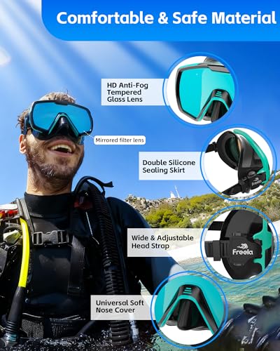 Image of Freela Adult Snorkel Diving Mask with Nose Cover, Tempered Glass Anti Fog Waterproof 180 Panoramic Wide View Scuba Free Diving Goggles for Men Women