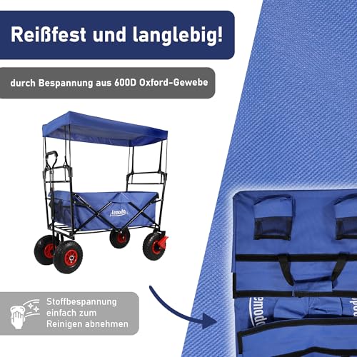 LEMODO Bollerwagen faltbar blau mit Dach, Handwagen mit Luftreifen, Leiterwagen mit 120 kg Tragkraft, Faltbollerwagen mit 2 Bremsen, Transportwagen für Hunde und Utensilien – Bild 8