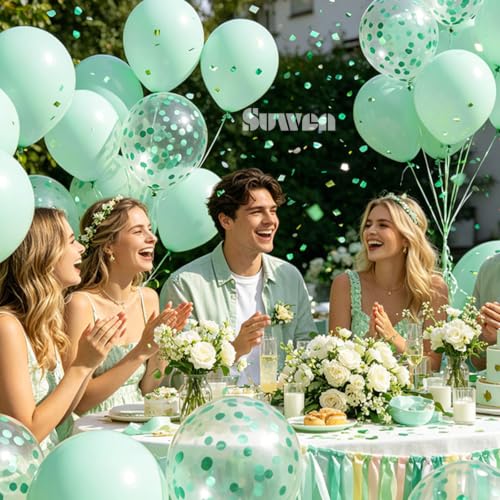 Image of SUWEN 47PCS Mint Green Latex and Confetti Light Pastel Green Balloons Set