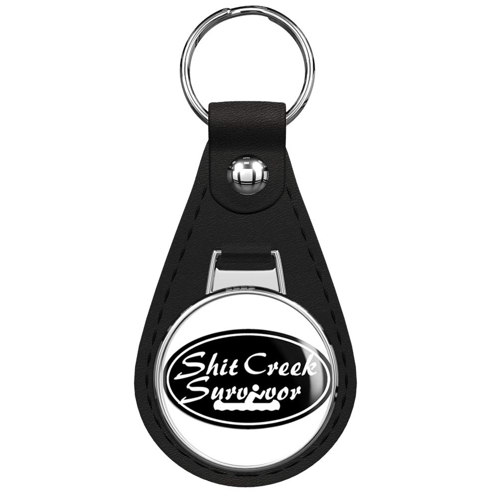 BLACK oval Sh t Creek Survivor - i sup canoe kayak paddle funny Black Leather Keychain Silver Keyring