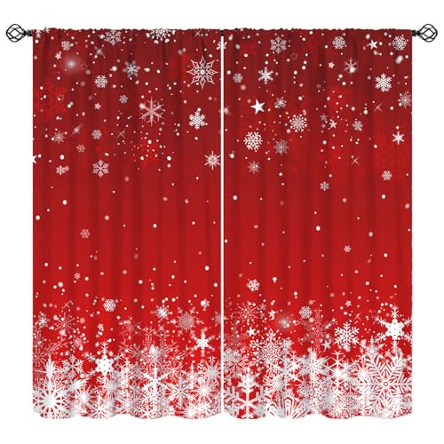 SHElifestyle Red Christmas Snowflakes Curtains, Merry Xmas Holiday Window Treatments