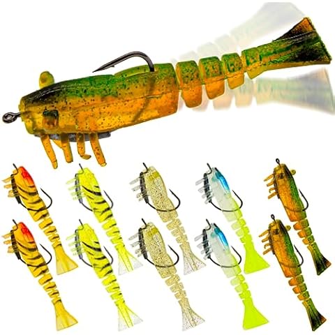FishingPepo 10pcs Shrimp Soft Fishing Lures Pre-Rigged Plastic Swimbaits Bass Fishing Jigs Bait Kit for Freshwater Saltwater Cover
