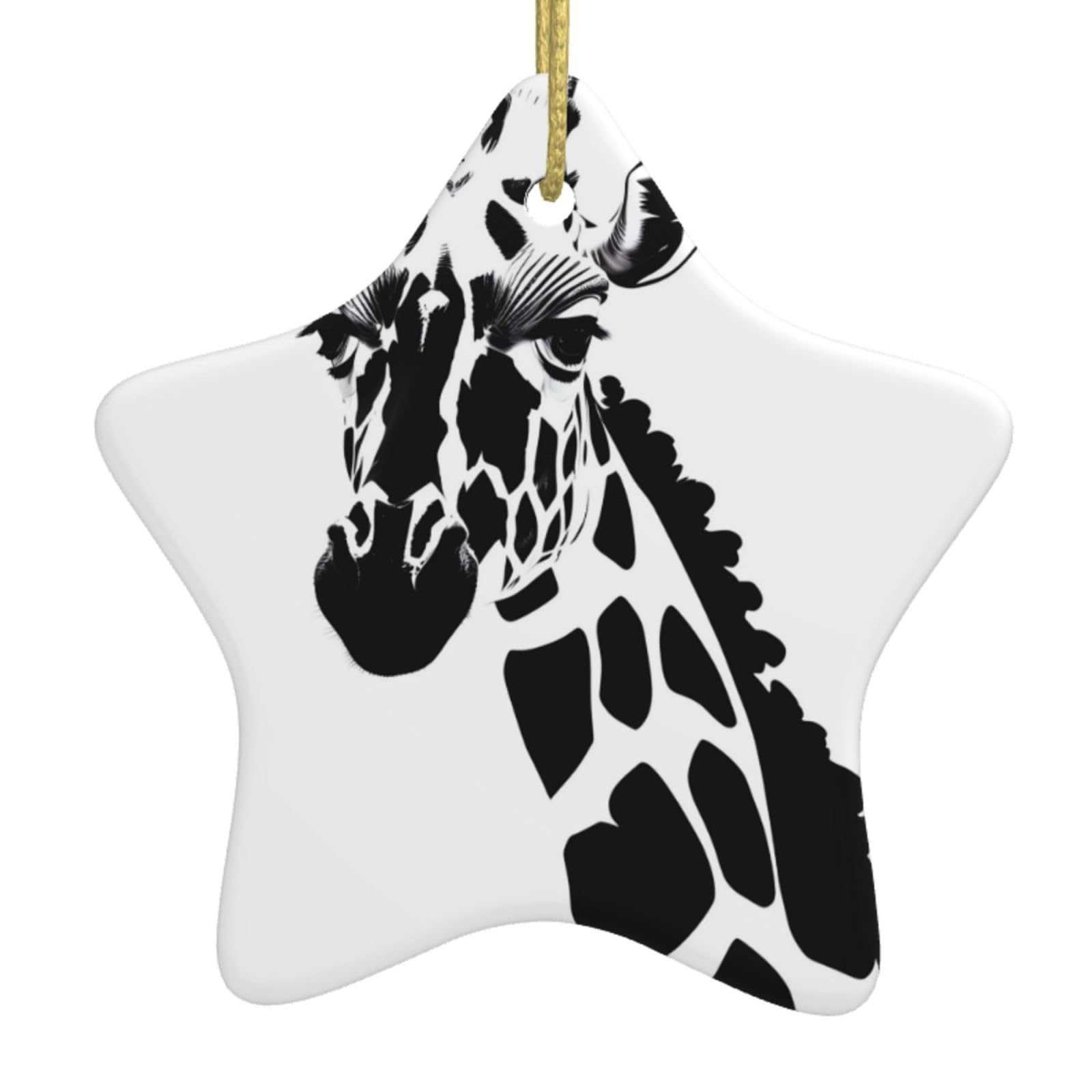 Black and White Giraffe Christmas Ceramic Star Pendant with Punched Holes and Gold Wire Rope, Christmas Tree Home Decoration