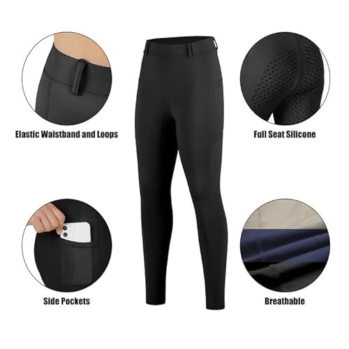 Turnhier Kids Equestrians Breeches Young Girls Horse Riding Pants Child's Schooling Horseback With Full Seat Silicone Pockets(Black,L) #TOP3