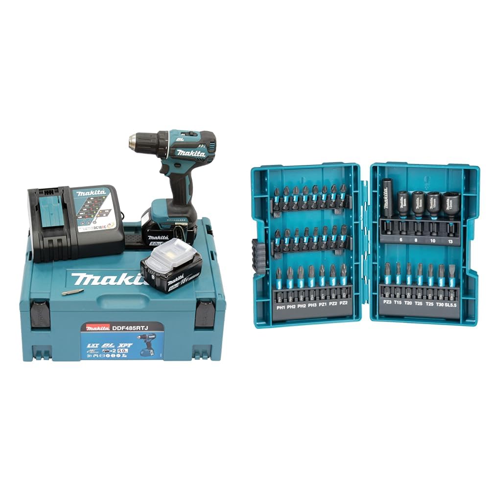 Perceuse visseuse 18V LXT (2x5,0 Ah) en MAKPAC - MAKITA DDF485RTJ & Coffret d'embouts de visage à percussion Makita IMPACT BLACK- 35 pièces - B-66880