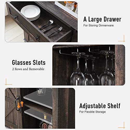 Okd Farmhouse Coffee Bar Cabinet, 32" Sliding Barn Door Buffet Sideboard Cabinet With Drawer, Adjustable Storage Shelves, Wooden Accent Cabinet For Kitchen, Living Room, Dining Room(Dark Rustic Oak) #TOP4