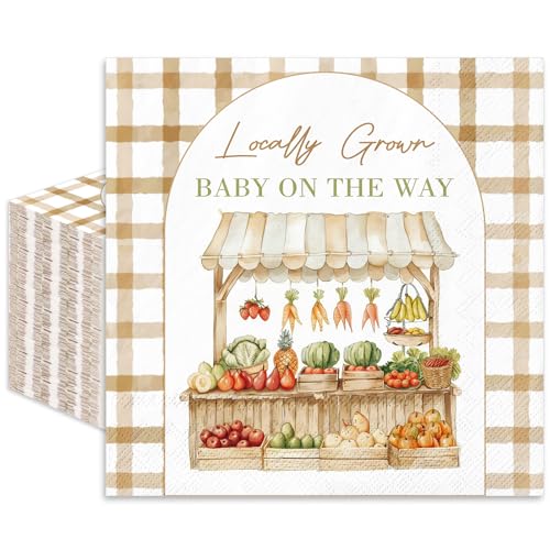 JarThenaAMCS 50Pcs Locally Grown Cocktail Napkins Watercolor Farmer Market Disposable Paper Napkins Brown Plaid Vegetable Fruit Beverage Napkin for Baby Shower First Birthday Supplies