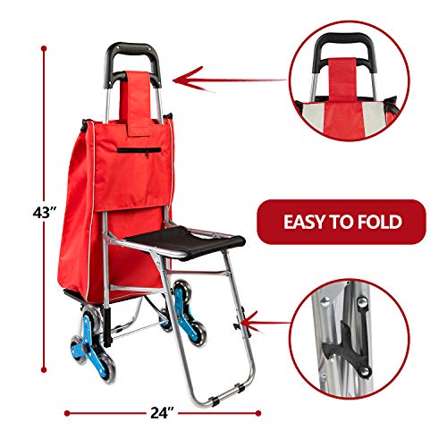 Besthls Shopping Cart with Seat,Stair Climbing Multipurpose Folding Shopping Grocery Cart Utility Cart,Red