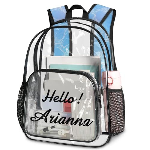 Beach Watercolor Blue Sea Ocean Personalized Large Clear Backpack Heavy Duty for Stadium Approved Custom Farmhouse PVC Transparent Backpack with Name See Through Bag for Concerts