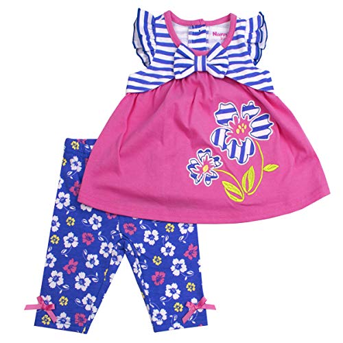 Nanette Girls 2-Piece Leggings and Shirt Set with Wide Variety of Flowers, Butterfly, and Animals, Pink Stripe, 9/12M