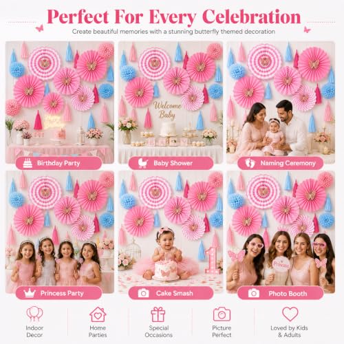 Image of AMFIN (Pack of 25) Butterfly Theme Birthday Decoration Kit Metallic Finish Women Girls Item Pink Blue Rainbow Flower