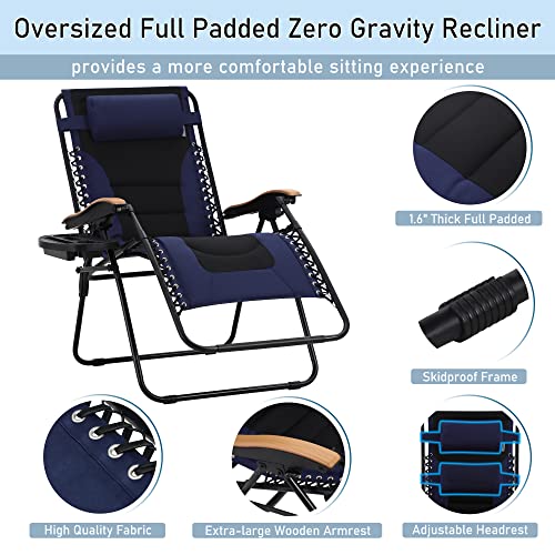 PHI VILLA XXL Oversized Padded Zero Gravity Chair, Foldable Patio Recliner, 30" Wide Seat Anti Gravity Lounger with Cup Holder, Support 400 LBS (Navy Blue) - Image 5