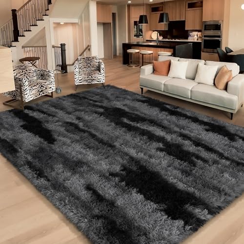 HOMORE 4x6 Area Rug for Bedroom, Black and Grey Fluffy Shaggy Rugs for Living Room, Gradient Abstract Rugs for Kids Boys Girls Room, Plush Rug for Dorm Home Floor Decor