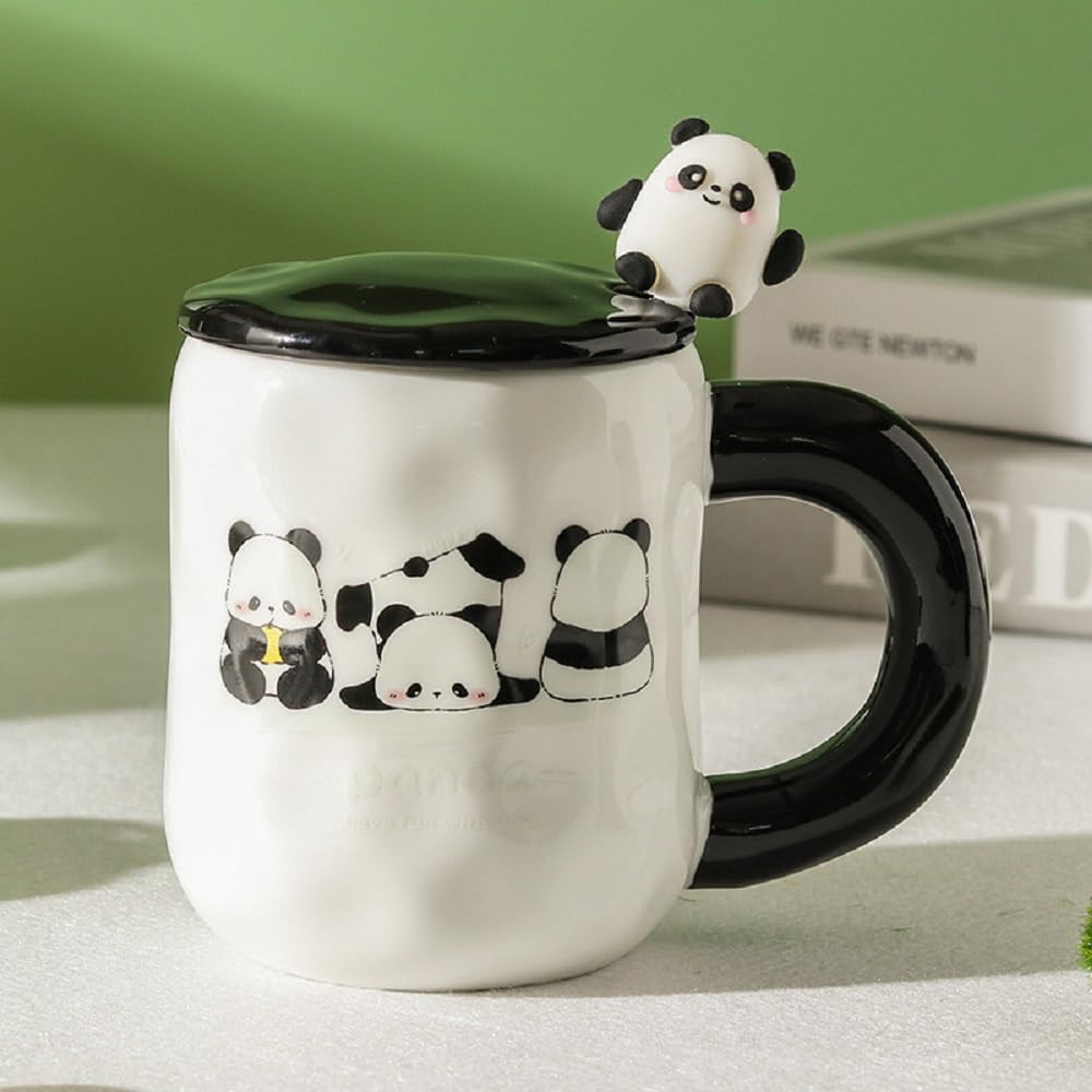 Huiyiwert Panda Kaffeetasse Mit Deckel & Löffel – 400 Ml, 3D-Relief, Aus Porzellan, Spülmaschinenfest (Grün)