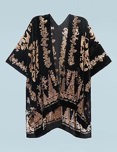 WeHello Women's Burnout Velvet Kimono Long Cardigan Cover Up with Tassel (Black/Classic) - Thumbnail 4
