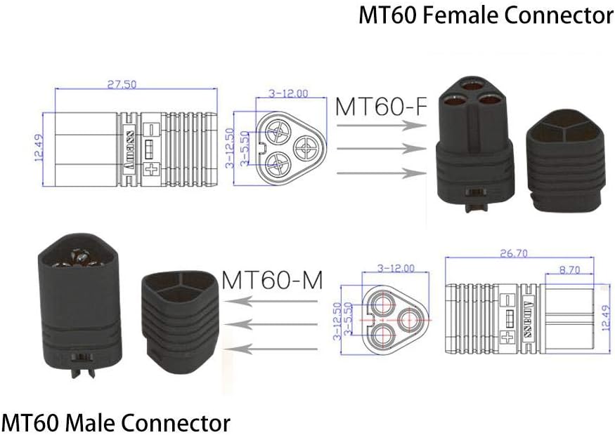 Dilwe RC Connector, MT60 Connector Three-Hole Plug Black Male & Female ESC to Motor Part RC Accessory Part