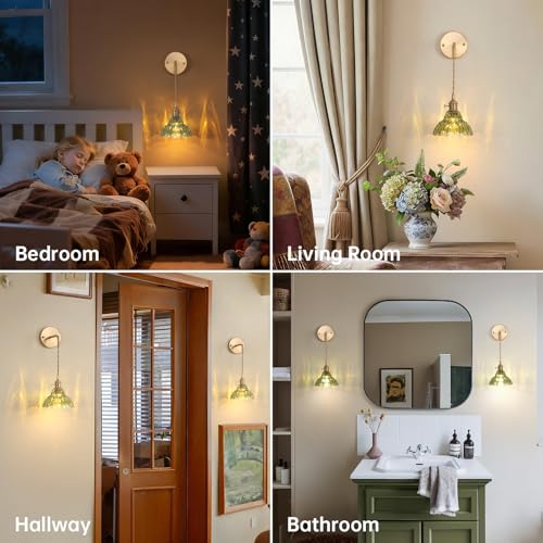 Image of Shenmoyl Vintage Battery Operated wall sconces Set of 2, Wall Lamps with Green Lily of the Shade Pattern Glass, Adjustable Chain Wall Lights, sconces wall Decor for Stairway Living Room Doorway