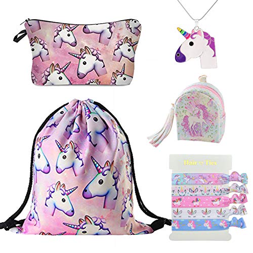 Dreshow Eenhoorn-rugzak met trekkoord (make-uptas, halsketting van aluminium en eenhoorn-haarbandjes) voor dames