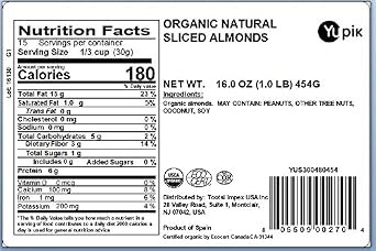 Yupik Organic Sliced European Almonds With Skins, 1 lb, Unblanched, Gluten-Free, Kosher, Raw, Good Source Of Protein, Fiber, Iron & Calcium, Low In Carb, Pack of 1