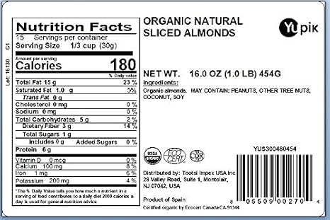 Yupik Organic Sliced European Almonds With Skins, 1 lb, Unblanched, Gluten-Free, Kosher, Raw, Good Source Of Protein, Fiber, Iron & Calcium, Low In Carb, Pack of 1