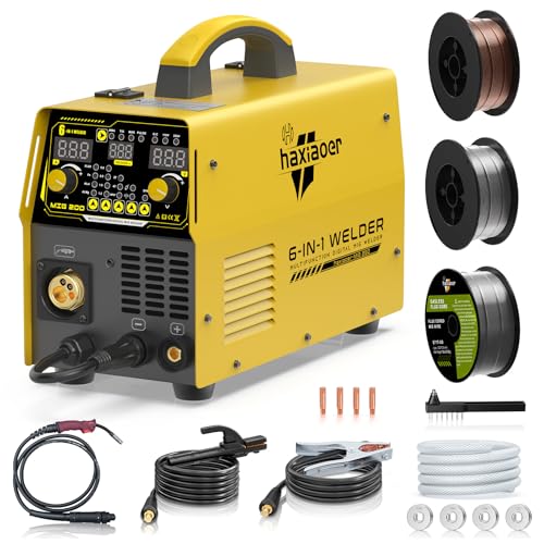 HAXIAOER Poste à souder MIG 200A, 6 en 1(MIG Sans Gaz/MAG/MMA/Lift TIG/Pulse MAG/Spot) Aluminium Poste a Souder Fil Fourré avec 3 Fils de Soudure, Pour DIY Maison & Professionnels