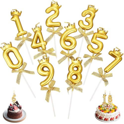 Número de Velas,10 Piezas Velas Cumpleaños Velas de Numerales de Pastel 0-9 Cake Cumpleaños Tarta Número Velas Cake Bowknot Candles Número De Velas para Fiesta Aniversario Bodas Decorativo(Oro)